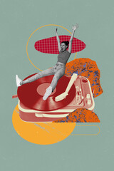 Image pop creative artwork collage of happy girl guy sit retro vinyl disk meloman playlist music...