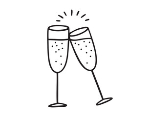 two glasses of champagne icon doodle hand drawn. Outline line drawing clipart symbol