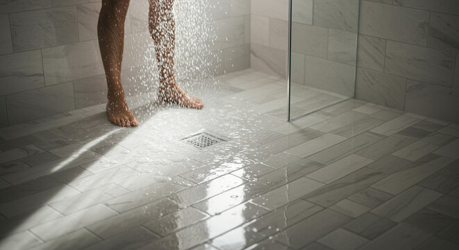 p&eacute;s de homem tomando banho em chuveiro ducha, com piso e azulejo branco