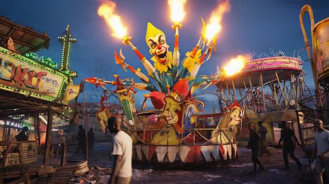 Surreal, nightmarish weaponized carnival clown head flamethrower eyes zombie amusement park twilight. weapons flames zombies eerie calliope music screams. vibrant decaying visuals