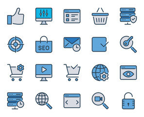 Filled blue outline icons set for SEO and Web