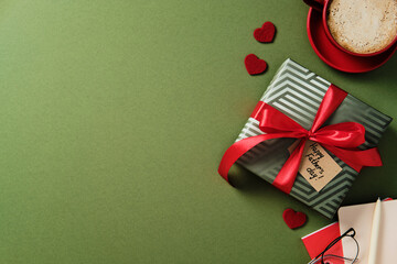 Father's day gift and coffee on green background