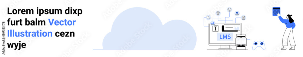 Poster desktop with lms interface, cloud icon, user uploading content, connected learning tools. ideal for 