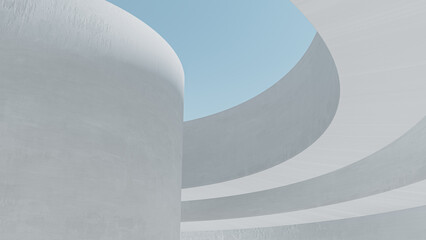 Curved white architectural structure with clear blue sky backdrop