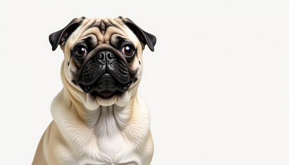 Obraz premium Single pug, alert expression, pure white backdrop, alert, wrinkles