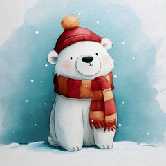 Cute White Bear in Christmas Hat and Scarf, Watercolor Winter Illustration, Sticker Design