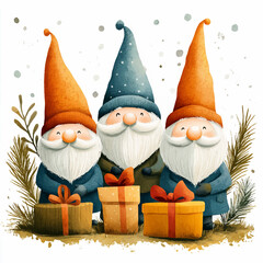 santa claus and snowman. New Year card with gnomes and gifts. Santa's helpers, Christmas picture, vector, gnomes on the background of snow and Christmas trees sitting with gifts