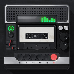 Retro tape cassette in the futuristic audio player mockup. 3D rendering