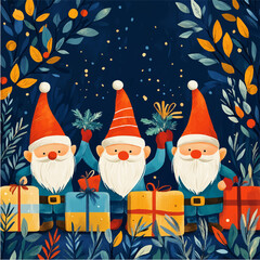 christmas seamless. New Year card with gnomes and gifts. Santa's helpers, Christmas picture, vector, gnomes on the background of snow and Christmas trees sitting with gifts