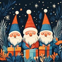 santa claus with gifts. New Year card with gnomes and gifts. Santa's helpers, Christmas picture, vector, gnomes on the background of snow and Christmas trees sitting with gifts