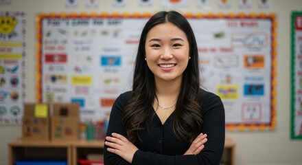 Smiling teacher in a classroom setting