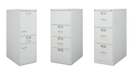 Three light gray metal file cabinets, various drawer configurations