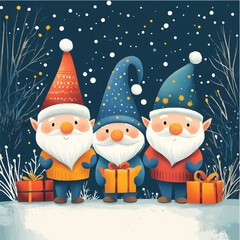 santa claus and snowman. New Year card with gnomes and gifts. Santa's helpers, Christmas picture, vector, gnomes on the background of snow and Christmas trees sitting with gifts. 