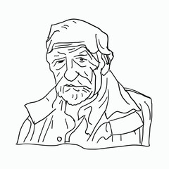 black and white line. old man in white turban. Cartoon Style Illustration