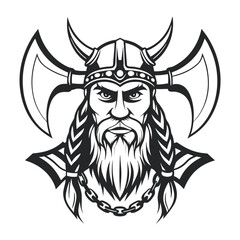 Fototapeta premium Monochrome Viking Warrior Portrait with Horned Helmet and Axes Illustration 