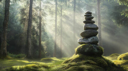 Balanced Rock Stack in a Misty Forest with Sunlight Beaming Through