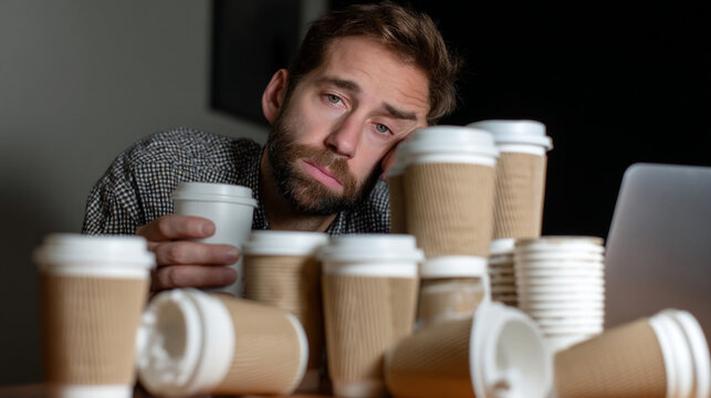 Tired man with piles of used coffee cups.
