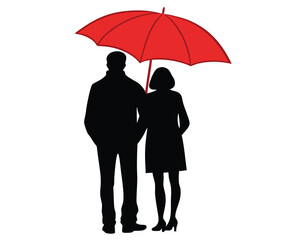 Silhouette of a couple walking together under a red umbrella on a clear white background.
