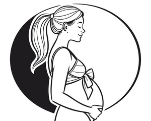 Elegant line art illustration of a pregnant woman in a profile pose with a ponytail hairstyle.