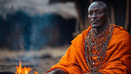 African man in traditional orange robe, seated by a fire