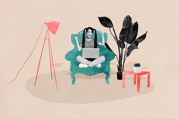 Trend artwork composite 3D photo collage design of young lady hold laptop sit armchair remote home...