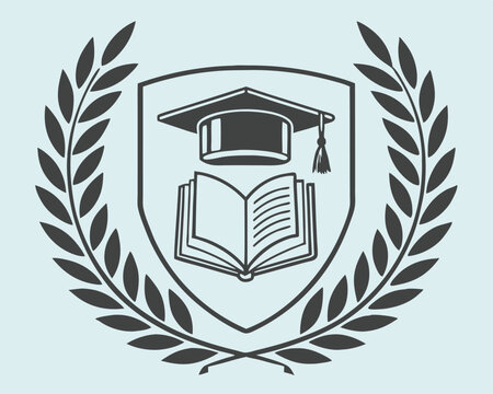 Elegant emblem symbolizing education with graduation cap and open book surrounded by laurel wreath.