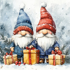 santa claus with gifts. New Year card with gnomes and gifts. Santa's helpers, Christmas picture, vector, gnomes on the background of snow and Christmas trees sitting with gifts