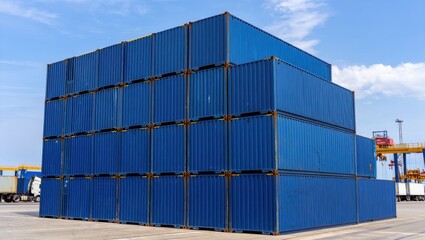Fototapeta premium Stack of Blue Cargo Shipping Containers at a Port