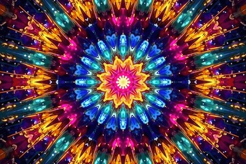 Symmetrical kaleidoscope with radiating lines and vibrant colors, vintage, optical, form