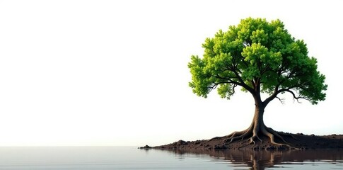 The tree is the focal point of an empty white space, its roots sinking into earth, nature, branch, texture