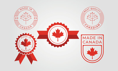 Five red Canadian badges logo with maple leaves are ideal for patriotic designs, branding, celebrations, and national holidays. Great for Canadian themed projects.