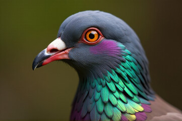 Obraz premium A close-up view of a pigeon's head featuring vibrant green and purple feathers