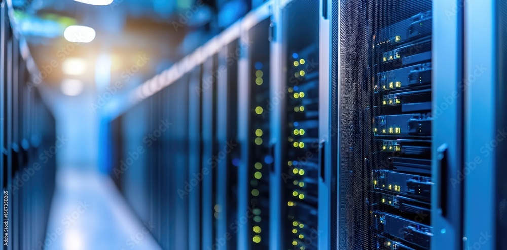 Fototapete close up of modern data servers in a high tech datacenter with led indicators and blue lighting, ide