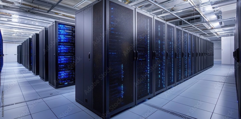 Poster wide view of a high tech data center with black server racks and glowing blue lights, perfect for il