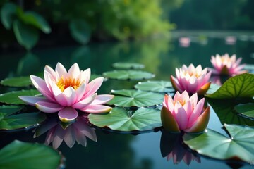 Water lilies and blossoms create floral pattern on lake , vibrant, summer