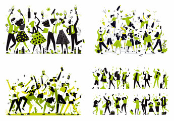 Celebration Collage: A vibrant collage depicting four lively scenes of celebratory people dancing, drinking, and joyfully interacting.  Perfect for illustrating themes of fun, togetherness.