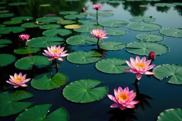 Water lilies forming a natural floral pattern on a lake's surface, horizontal, photo, lake