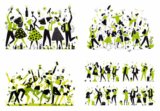 Celebration Collage: A vibrant collage depicting four lively scenes of celebratory people dancing, drinking, and joyfully interacting.  Perfect for illustrating themes of fun, togetherness.