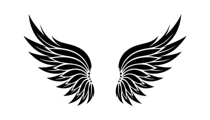 A silhouette of black angel wings with elegant feather wing tattoo On white background