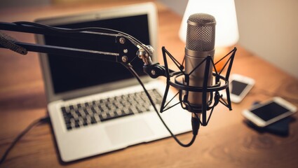 Podcast Recording Setup with Microphone Laptop and Phones on a Wooden Desk in Warm Lighting