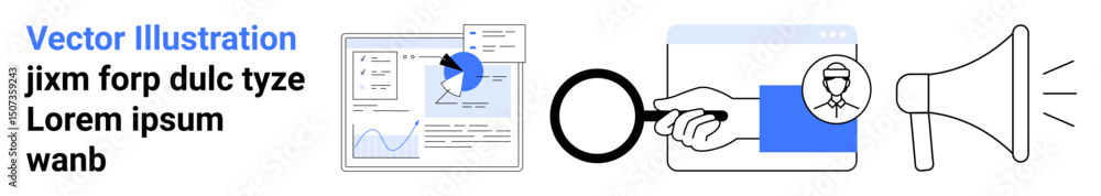 Poster graph and chart data visualization, hand with magnifying glass focusing on user profile, megaphone s