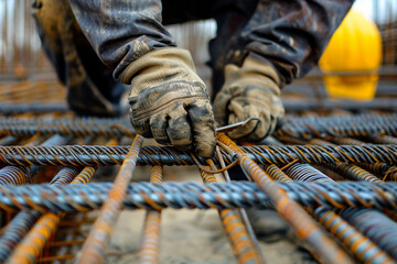Construction worker tying rebar