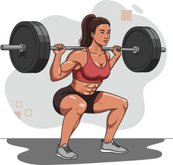 Woman performing barbell squat exercise with weights for fitness and strength training in gym environment 