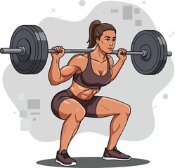 Woman weightlifting performing squat exercise with barbell for strength and fitness training vector illustration