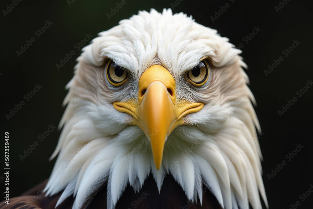 Poster a close-up shot of a bald eagle's face with sharp features and expressive eyes