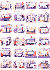 Fototapeta premium Tech Startup Elements: A vibrant compilation of tech startup elements, encompassing digital interfaces, mobile apps, and business processes.