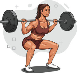 Woman lifting heavy barbell performing squat exercise for strength training and fitness improvement in gym environment 