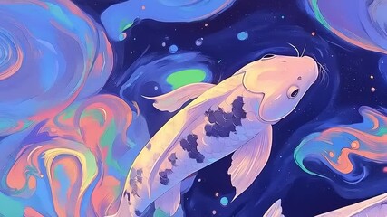 Serene Harmony: Two Koi Fish Swimming in a Dreamy Celestial Ocean - Powered by Adobe
