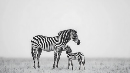 A mother zebra and her foal graze together peacefully in a monochrome African savanna