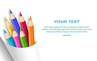 Colored pencils on white background. Back to school background template. National Coloring Book Day concept with copy space